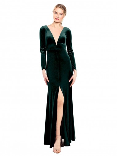Wholesale Plunging V-Neckline Long Sleeves Open Back Velvet Prom Dress
