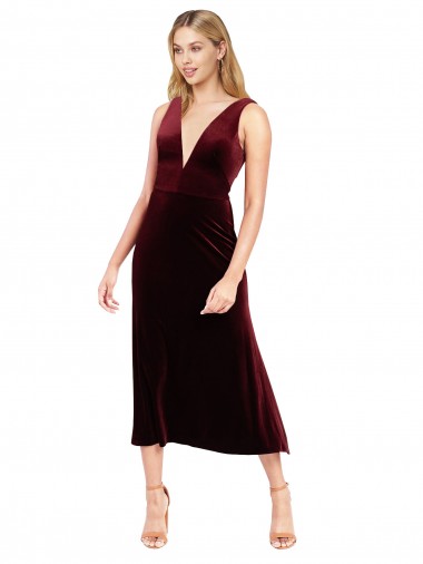 Wholesale Daring Plunging V-Neckline Short Midi Length Velvet Cocktail Prom Dress / Homecoming Dress