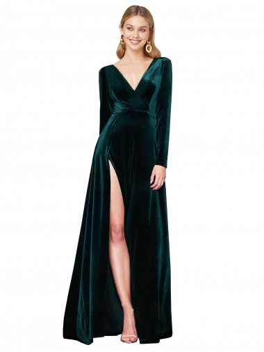 Wholesale Deep V-Neck Long Sleeves Velvet Prom Dress with High Side Split