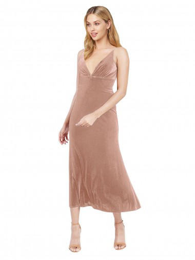 Wholesale Midi Length Short V-Neck Velvet Cocktail Prom Dress / Homecoming Dress with Notched Neckline