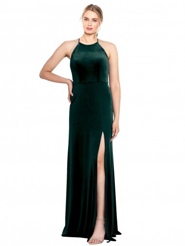 Wholesale Long Jewel Neck Full Length Velvet Prom Dress with Side Slit