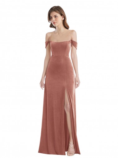 Wholesale Off the Shoulder Flounce Sleeve Velvet Maxi Prom Dress & Pockets