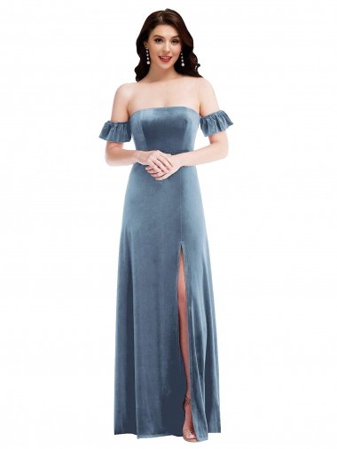 Wholesale Ruffle Sleeve Off the Shoulder Velvet Maxi Prom Dress