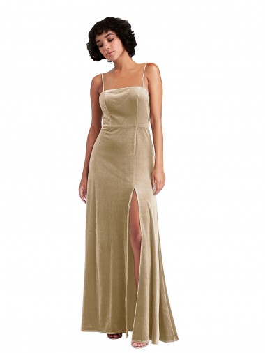 Wholesale Square Neck Velvet Maxi Prom Dress with Front Slit & Pockets