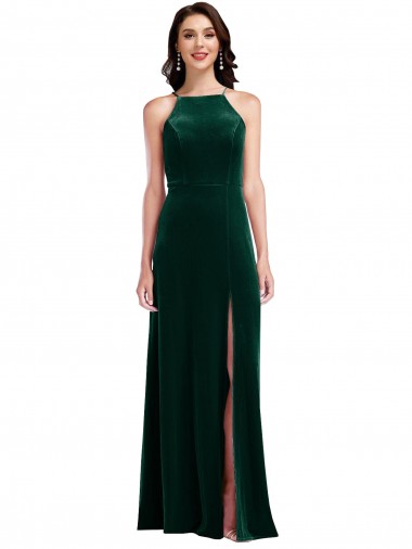 Wholesale Velvet Halter Maxi Prom Dress with Front Slit & Pockets