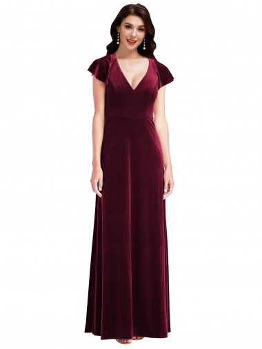 Wholesale Flutter Sleeve Velvet Maxi Prom Dress with Pockets
