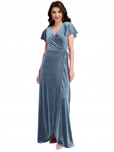 Wholesale Flutter Sleeve Velvet Wrap Maxi Prom Dress with Pockets