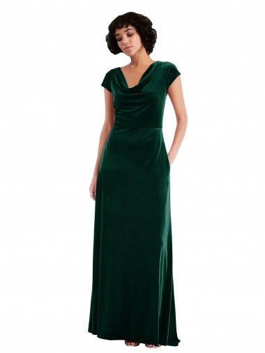 Wholesale Cowl Neck Cap Sleeve Velvet Maxi Prom Dress with Pockets