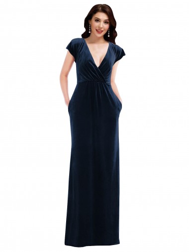 Wholesale Flutter Sleeve Wrap Bodice Velvet Maxi Prom Dress with Pockets