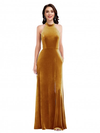 Wholesale High-Neck Halter Velvet Maxi Prom Dress with Front Slit