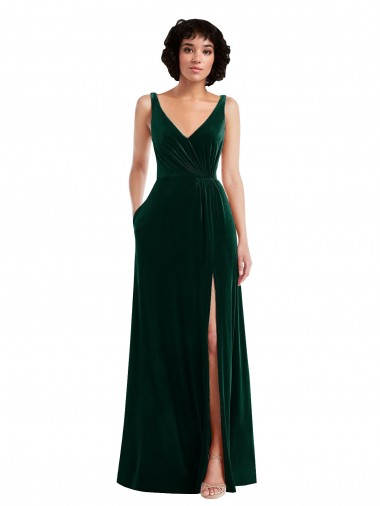Wholesale Floor Length Velvet Maxi Prom Dress with Shirred Bodice and Front Slit