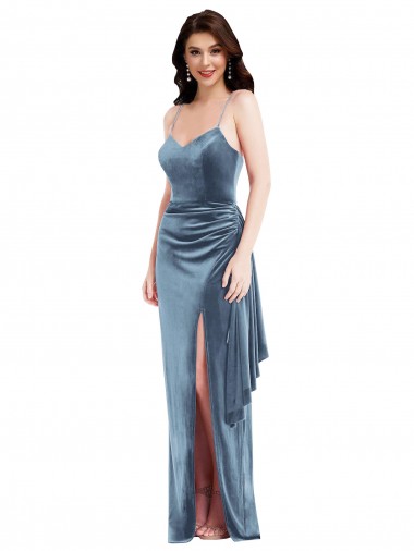 Wholesale Spaghetti Strap Velvet Maxi Prom Dress with Draped Skirt