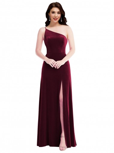Wholesale One Shoulder Spaghetti Strap Velvet Maxi Prom Dress with Pockets