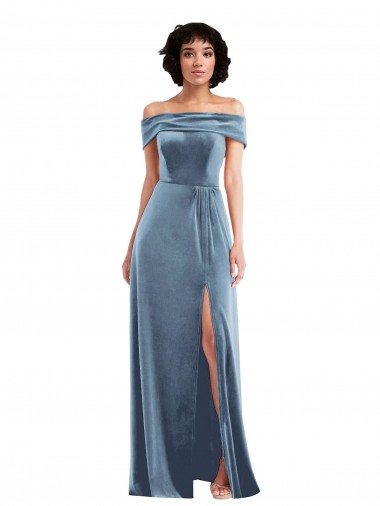 Wholesale Draped Cuff Off the Shoulder Velvet Maxi Prom Dress with Pockets