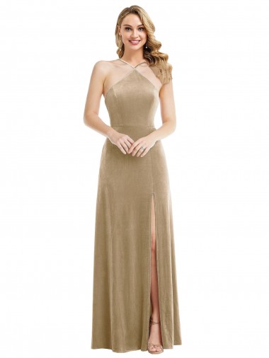 Wholesale High Neck Halter Open Back Long Velvet Maxi Prom Dress with Pockets
