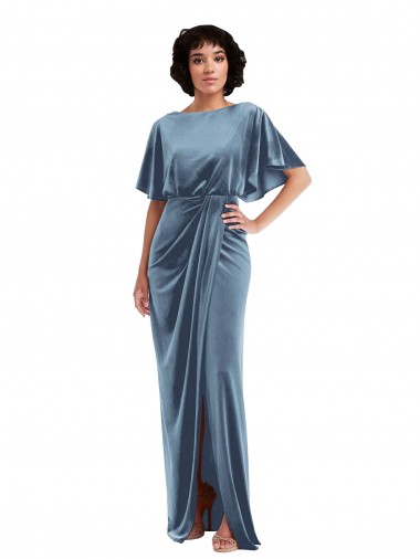 Wholesale Flutter Sleeve Open Back Velvet Maxi Prom Dress with Pockets & Draped Wrap Skirt