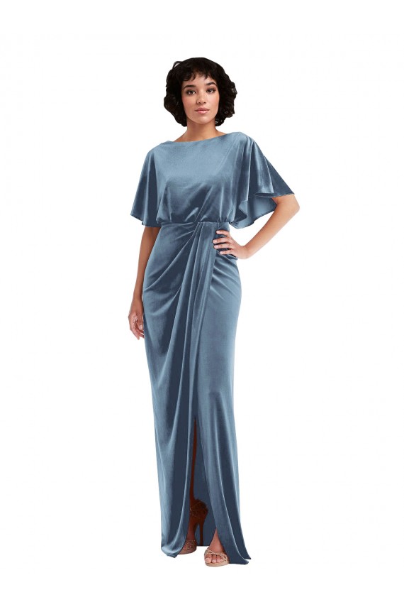 Flutter Sleeve Open Back Velvet Maxi Prom Dress with Pockets & Draped Wrap Skirt