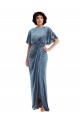 Flutter Sleeve Open Back Velvet Maxi Prom Dress with Pockets & Draped Wrap Skirt