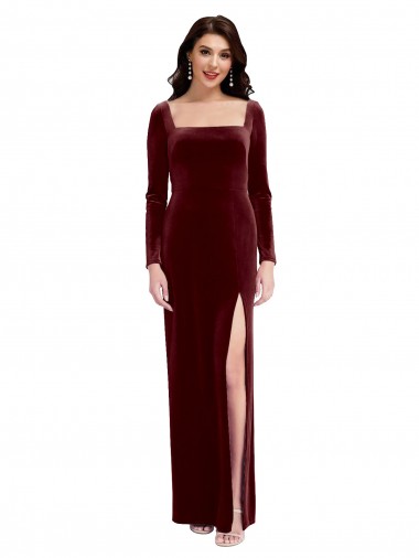 Wholesale Sleek Square Neck Spaghetti Straps Velvet Prom Dress with Side Slit