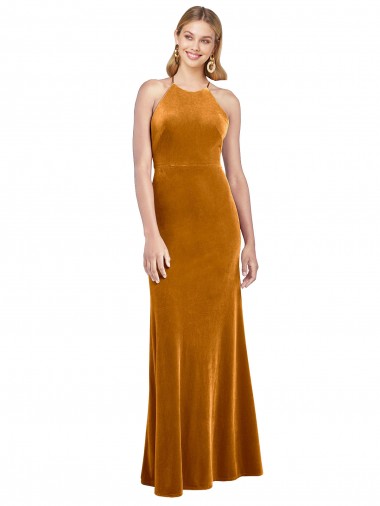 Wholesale Halter Neckline Long Full Length Velvet Prom Dress with Strappy Back