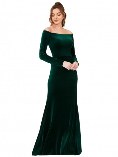 Wholesale Off the Shoulder Long Sleeves Stretch Velvet Prom Dress