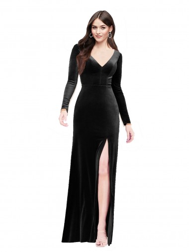Wholesale Long Sleeves Velvet Prom Dress with V-Neckline and Thigh Slit