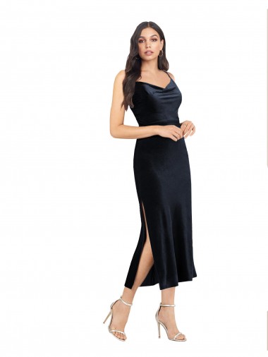 Wholesale Midi Length Velvet Cocktail Prom Dress / Homecoming Dress with Cowl Neck and Spaghetti Straps