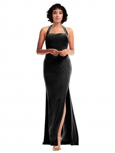 Wholesale Empire Waist Stretch Velvet Prom Dress with Halter Strap