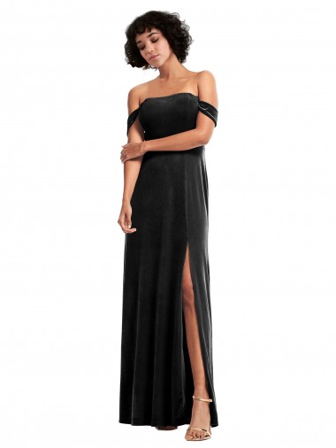 Wholesale Off the Shoulder Drapped Sleeves Stretch Velvet Prom Dress