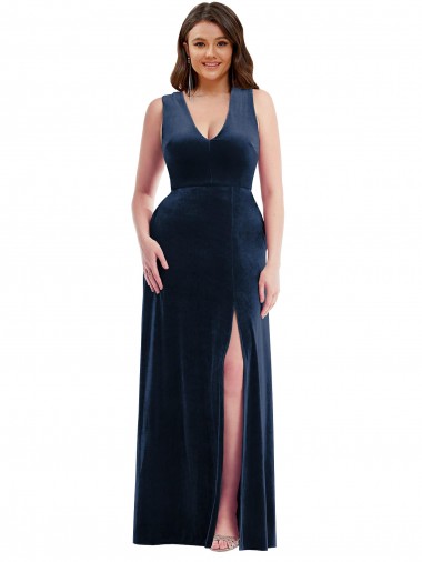 Wholesale Deep V-Neck Sleeveless Velvet Maxi Prom Dress with Pockets