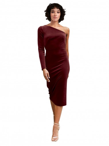 Wholesale One Shoulder Fitted Short Midi Length Velvet Prom Dress