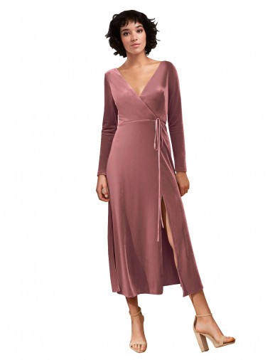 Wholesale Long Sleeve Velvet Faux Wrap Midi Length Prom Dress
