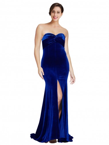 Wholesale Strapless Ruched Velvet Prom Dress with Sweep Train and Front Slit