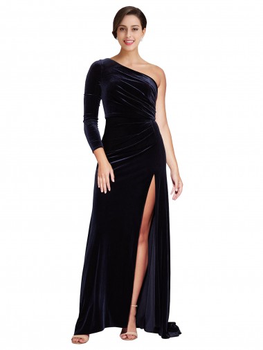 Wholesale One Sleeve Long Velvet Prom Dress with Thigh High Split