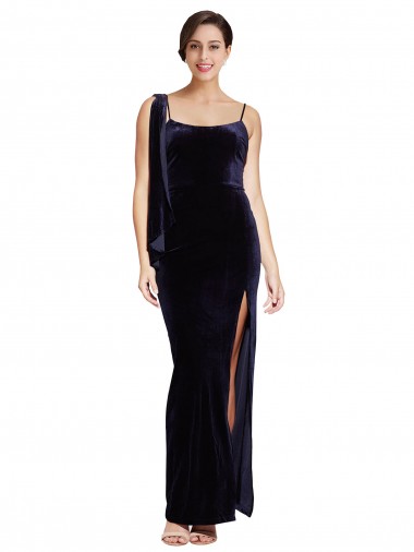 Wholesale Long Velvet Prom Dress with Side Thigh Split and Shoulder Tie