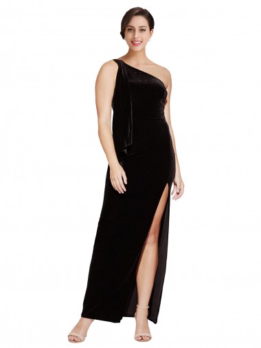 Wholesale One Shoulder Long Velvet Prom Dress with Side Split and Shoulder Tie