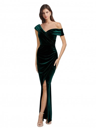 Wholesale Long Asymmetric Neckline Ruched Velvet Prom Dress